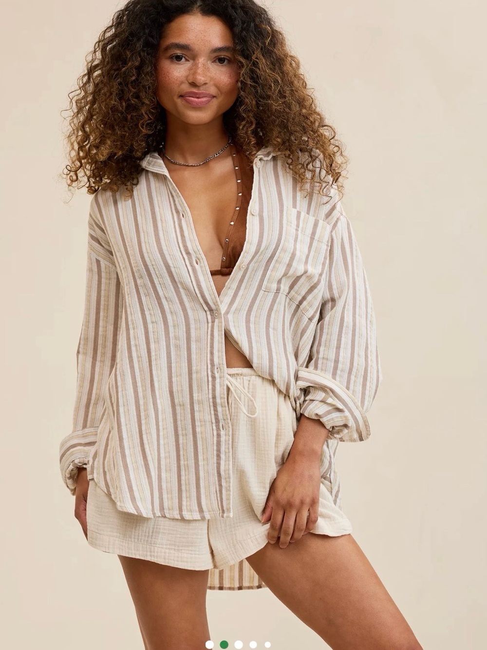 NWT Aerie Day-Off Cover Up Shirt Earth Striped Button-Down Shirt Cream & Tan Med